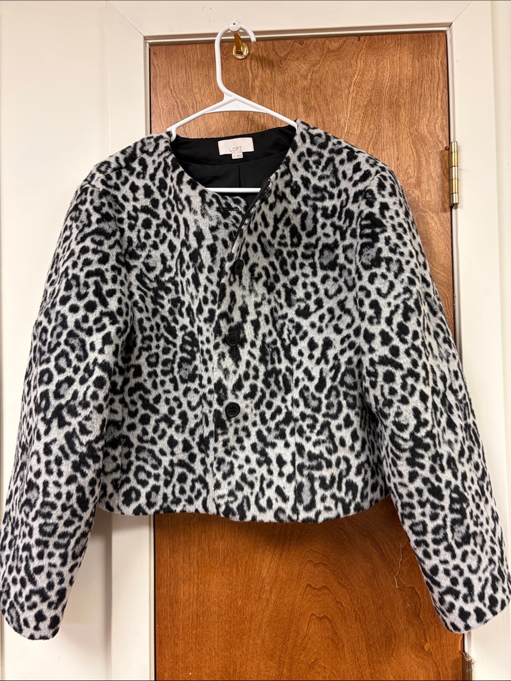 LOFT Black & White Leopard-Print Cropped Teddy Jacket